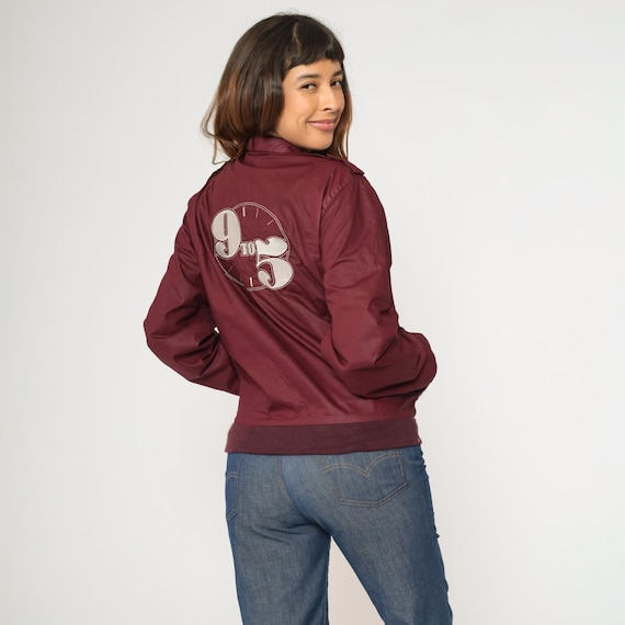 80s Windbreaker Jacket 9 to 5 Clock Zip Up Jacket Burgundy Cafe Racer Windbreaker Graphic Bomber Sports Epaulette Vintage 1980s Retro Small