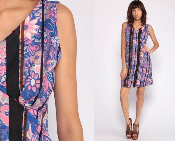 70s Mini Dress Floral Print Bohemian Hippie Dress Mod Twiggy Boho Vintage Sheath Sleeveless Empire Waist Gogo Blue Purple Medium