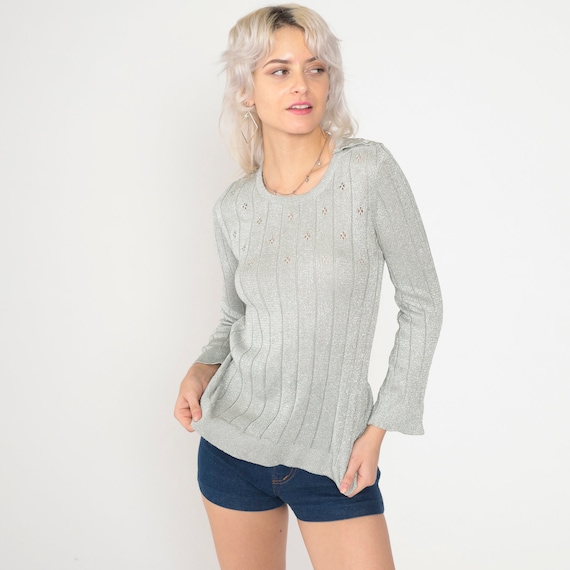 70s Metallic Sweater Silver Pointelle Knit Top 70s Sparkly Holiday Sweater Cutout Pullover Disco Glam 1970s Party Vintage Small Medium