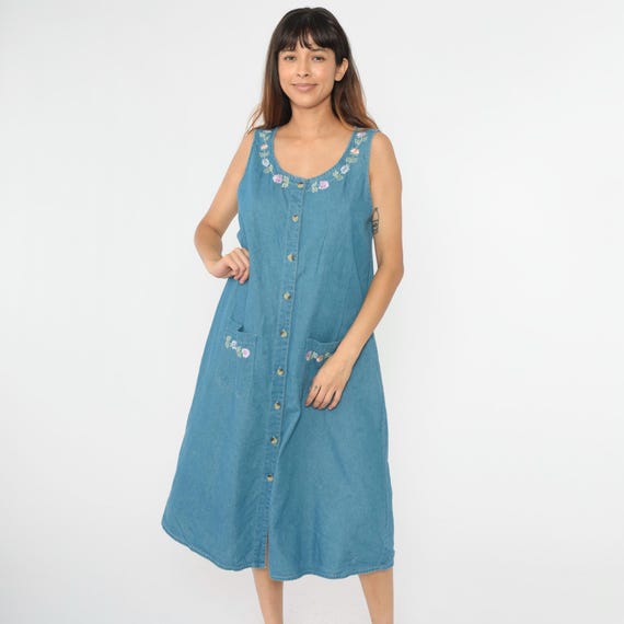 Y2K Floral Denim Dress Embroidered Jean Button Up Dress 00s Sleeveless Boho Pinafore Jumper Dress Blue Vintage Retro Pocket Medium M