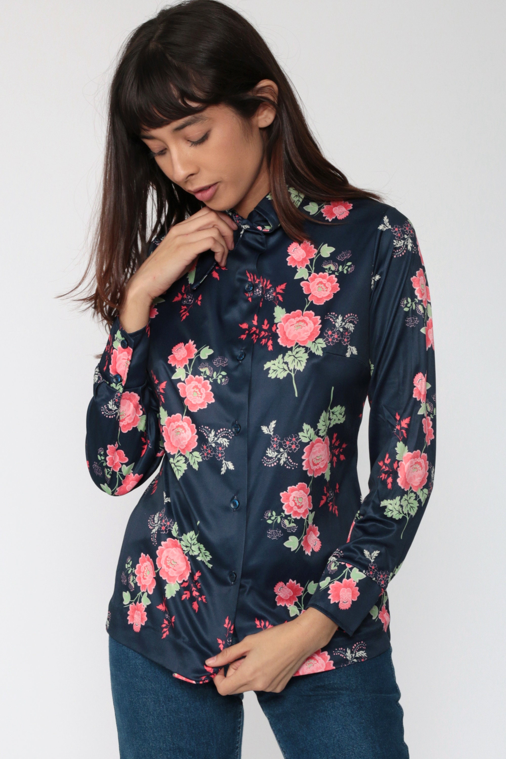 Navy Floral Shirt Boho Shirt 70s Disco Button Up Blue Flower Print ...