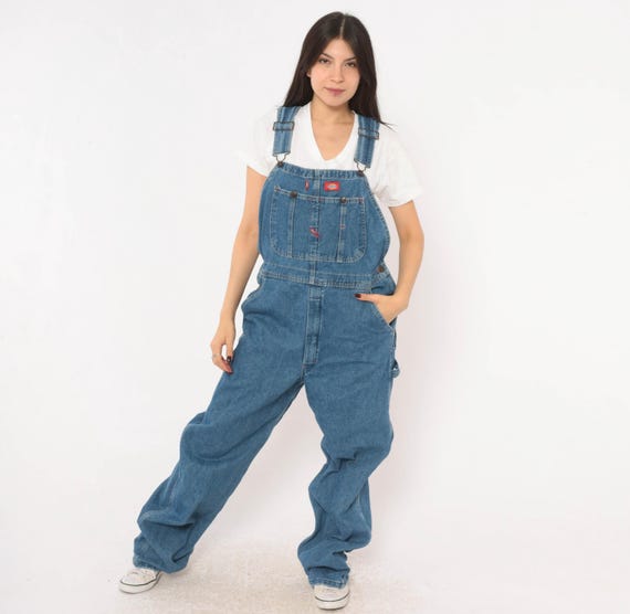 Y2K Dickies Overalls Denim Bib Blue Jean Cotton Dungarees Baggy Wide Leg Carpenter Pants Workwear Utility Jumpsuit Grunge Unisex Medium M
