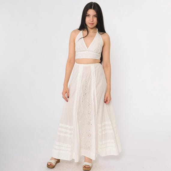 Vintage White Eyelet Prairie Skirt 70s Embroidered Floral Maxi A-Line Boho Sheer Cotton Edwardian Style 1970s Slip Underskirt 2xs 22" Waist