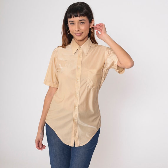Beige Button Up Shirt 70s Dagger Collar Hippie Boho 1970s Disco Shirt Vintage Top Collared Plain Short Sleeve Shiny Men's 15 Small