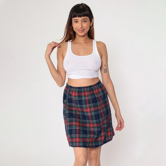 Vintage Plaid Mini Skirt 80s Navy Blue Red Straight Retro High Elastic Waist Checkered Print Pencil Skirt Preppy Miniskirt 1980s Medium