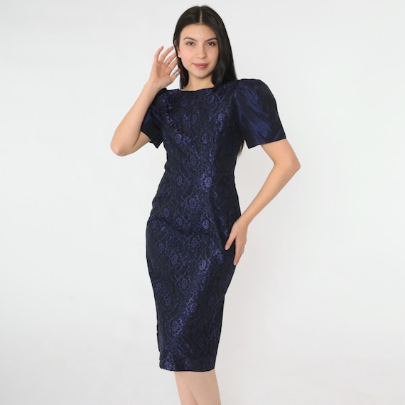Vintage Taffeta Lace Dress 80s Puff Sleeve Formal Sheath Black Purple Midi Dress Party Dress 1980s Going Out Evening Boatneck Extra Small xs