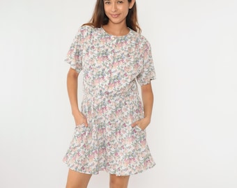 90s Floral Dress White Flower Print Dress Button Up Shirtdress 1990s High Elastic Waist Mini Pocket Grunge Short Sleeve Medium Large