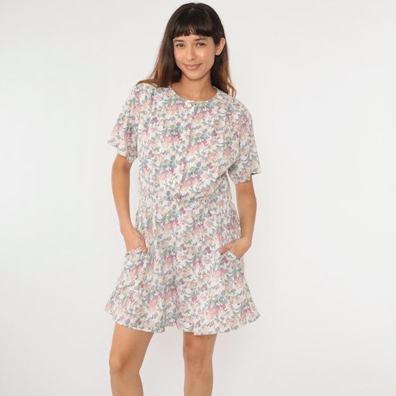 90s Floral Dress White Flower Print Dress Button Up Shirtdress 1990s High Elastic Waist Mini Pocket Grunge Short Sleeve Medium Large