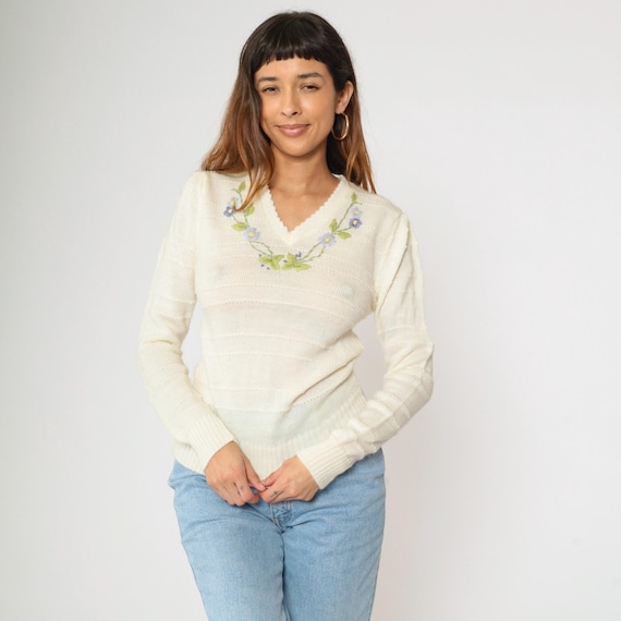 Vintage Embroidered Floral Sweater 80s Semi-Sheer Cream Puff Sleeve Sweater V Neck Boho Knit 70s Pullover Hipster Jumper Bohemian Small