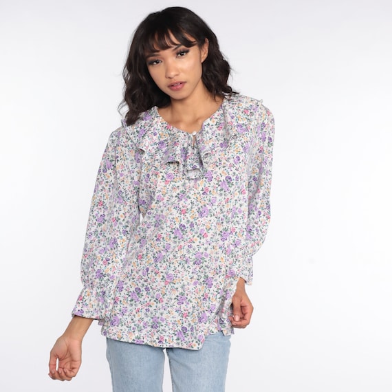 Ruffle Floral Shirt Tuxedo Blouse Purple Top 80s Boho Top Bohemian Long Sleeve 1980s Vintage Romantic Flounce Hippie Large