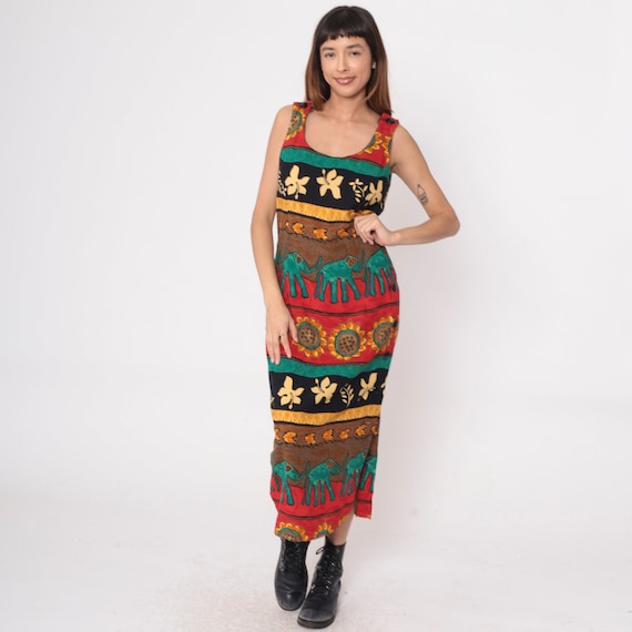 Safari Sundress 90s Elephant Maxi Dress Tropical Striped Floral Sunflower Print Sleeveless Scoop Neck Tank Red Teal Vintage 1990s Medium