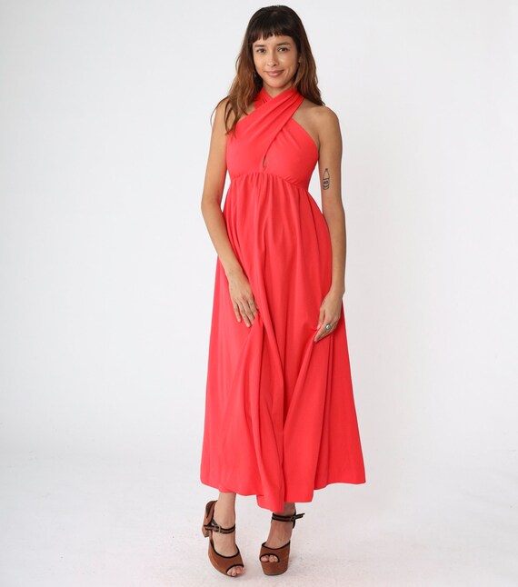 Long Coral Dress 70s Party Dress Disco 1970s Maxi Keyhole Back Halter Neck Criss Cross GRECIAN Boho Empire Waist Vintage Bohemian Small 4