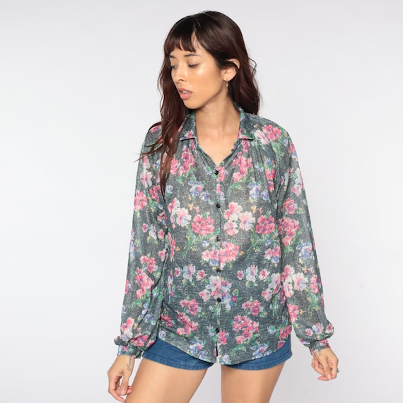 Silver Floral Shirt Metallic Blouse 70s Hippie Disco Shirt 1970s Bohemian Button Up Vintage Long Raglan Sleeve Shirt Pink Large L