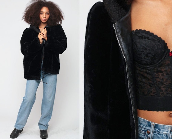 Fake Fur Coat HOODED Coat 80s Faux Fur Jacket Black Hoodie Jacket 1980s Boho Hood Vegan Bohemian Vintage Hipster Zip Up Extra Large xl