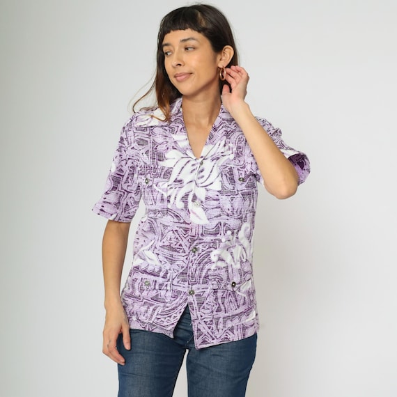 70s Hawaiian Shirt Purple Tiki Top Button up Shirt Floral Geometric Print Top Short Sleeve Summer Aloha Vintage 1970s Extra Small xs