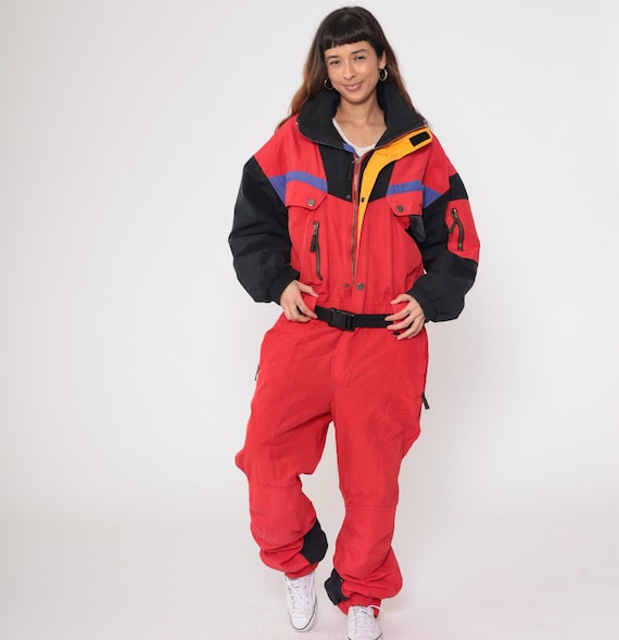 80s Obermeyer Ski Suit One Piece Red Black Snowsuit Mens Vintage Color Block Hooded Belted Gorpcore Winter Snow Jumpsuit Extra Large XL