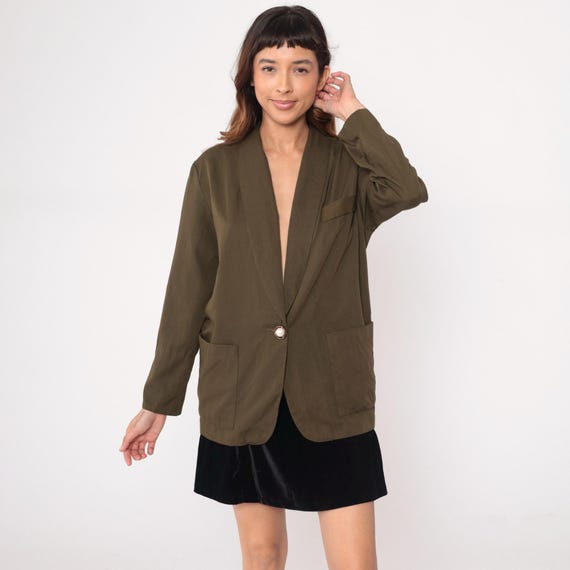 Olive Green Blazer 90s Single Button Collar Boyfriend Jacket Khaki Army Minimalist Dark Academia Old Money Vintage Office Tailored Medium M