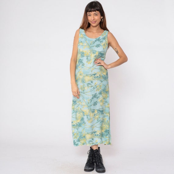 Seafoam Floral Dress 90s Side Slit Maxi Dress Retro Sleeveless Sundress Flower Print Green Blue Sleeveless Long Vintage 1990s Rayon Small 6