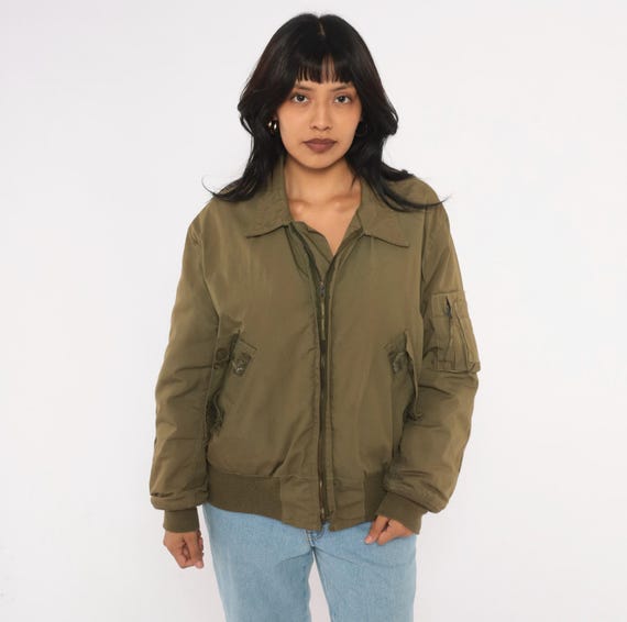 90s Military Flight Jacket Olive Green Bomber Zip Front Army Pointed Collar Quilted Lining Utility Surplus Coat Vintage Medium M
