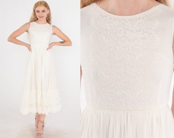 Off-White Chiffon Dress 60s Party Dress Floral Lace Bridal Elopement Midi Dress High Waisted Pleated Formal Sleeveless Vintage 1960s 2xs xxs