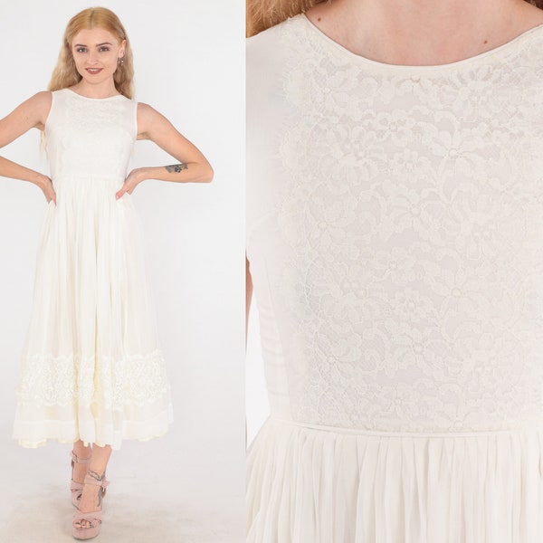 Off-White Chiffon Dress 60s Party Dress Floral Lace Bridal Elopement Midi Dress High Waisted Pleated Formal Sleeveless Vintage 1960s 2xs xxs