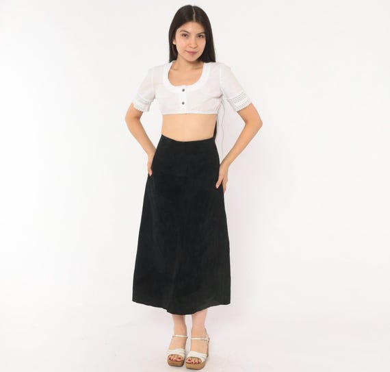 90s Black Suede Skirt A Line Midi High Waist Paneled Leather Minimal Vintage Dark Academia Cottagecore Western Prairie Goth Office Large L