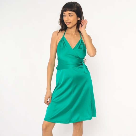70s Turquoise Halter Mini Dress Wrap Tie Waist Knee Length Green Teal Disco Party Cocktail Dance Summer Sleeveless Vintage Teal Small S
