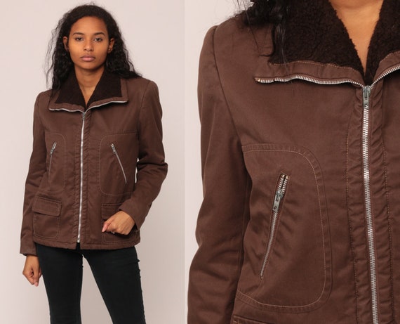 Brown Jacket 70s Jacket Retro Plain Zip Up FUZZY LINING Sherpa Jacket Shearling Jacket Hipster Collar Vintage 1970s Retro Small Medium