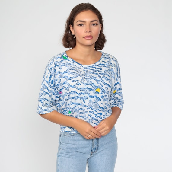 80s Tiger Stripe Shirt -- Blue Shirt Slouchy Blouse Animal Print 80s Top Slouchy Vintage 1980s 1/2 Sleeve Medium