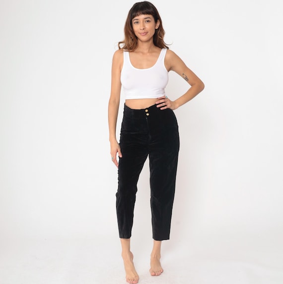 Black Velvet Pants 90s Esprit Collection High Waisted Cropped Ankle Button Front Vintage Grunge Gothic Minimalist Medium M 29