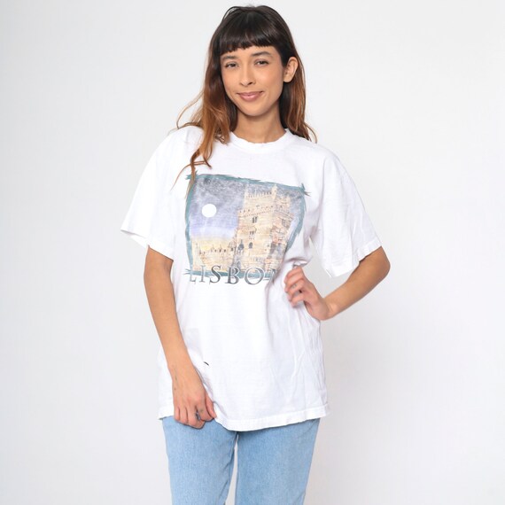 Lisbon Portugal Shirt 90s Belém Tower Portuguese T-Shirt Distressed Graphic Tee Tourist Travel TShirt White Destination Vintage 1990s Large