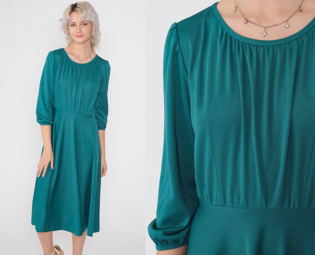 Teal Green Dress 70s Midi Day Dress 3 4 Puff Sleeve High Waisted Pleated Retro Basic Plain Simple Modest Minimalist Vintage 1970s Medium M Etsy