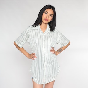 Weiß gestreiftes Hemd 70er Hemd grünes Oxford Top Kurzarm Hemd Button Up 1970s Kragenhemd Vintage Medium Large