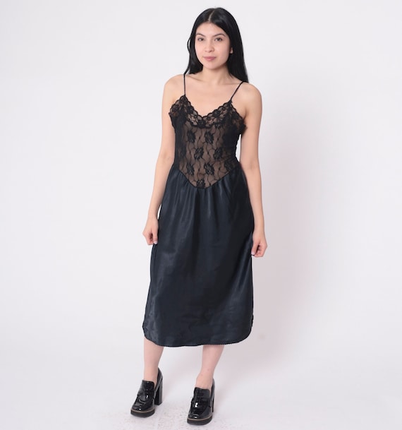 Sheer Black Nightgown 80s Lace Slip Dress Midi Basque Waist Low V Back Lingerie Vintage 1980s Retro Gothic Sexy Drop Waist Medium 36