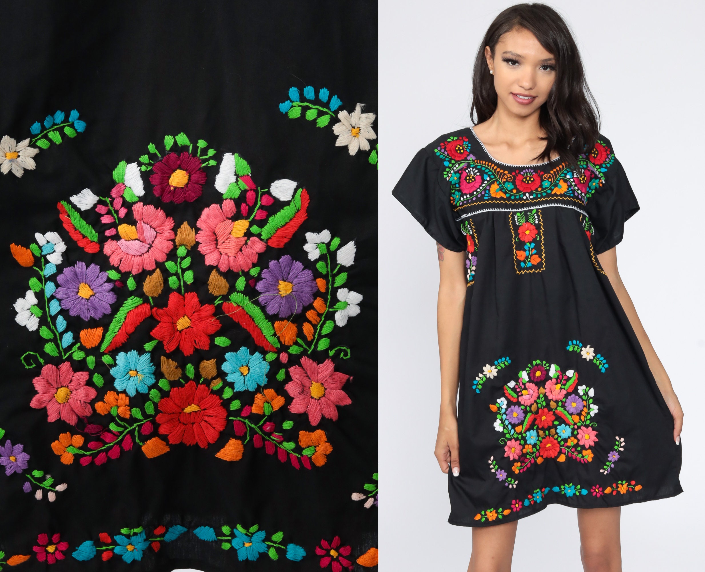 Women Vintage Mexican Floral Embroidered Deep V Neck Ethnic Maxi Dress Zsell 