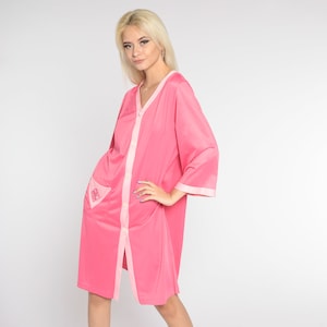 70s Pajama Dress Pink Mini Nightgown Lingerie Dress Button Up Loose Nylon Nightie Embroidered Pocket Retro Lounge Vintage 1970s Medium Large
