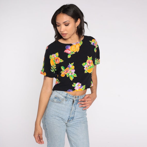 Tropical Crop Top 90s Black Floral Shirt Pineappl… - image 2