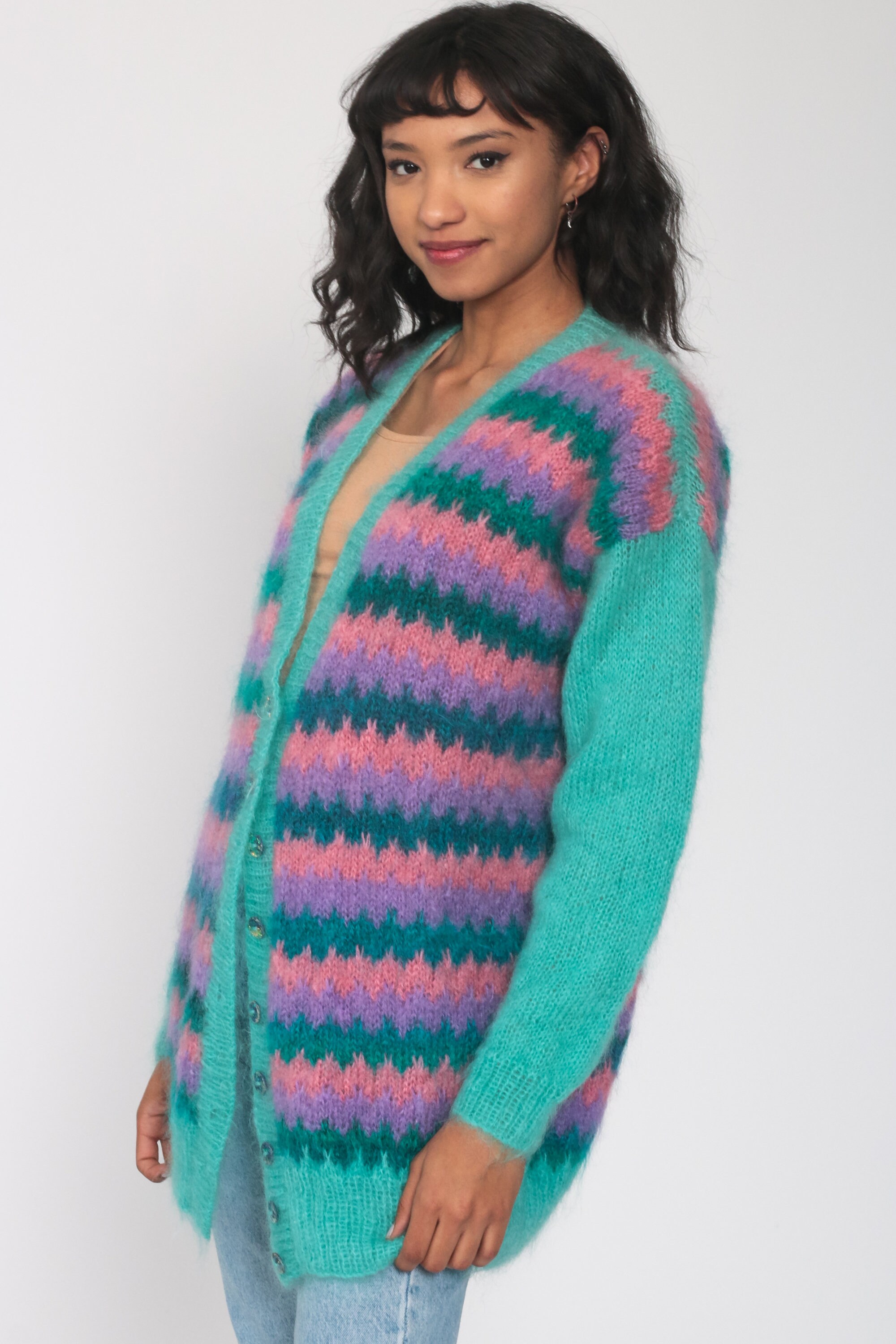 Angora Cardigan Striped Cardigan Sweater 80s Soft Fuzzy Sweater Turquoise Green Button Up 70s 