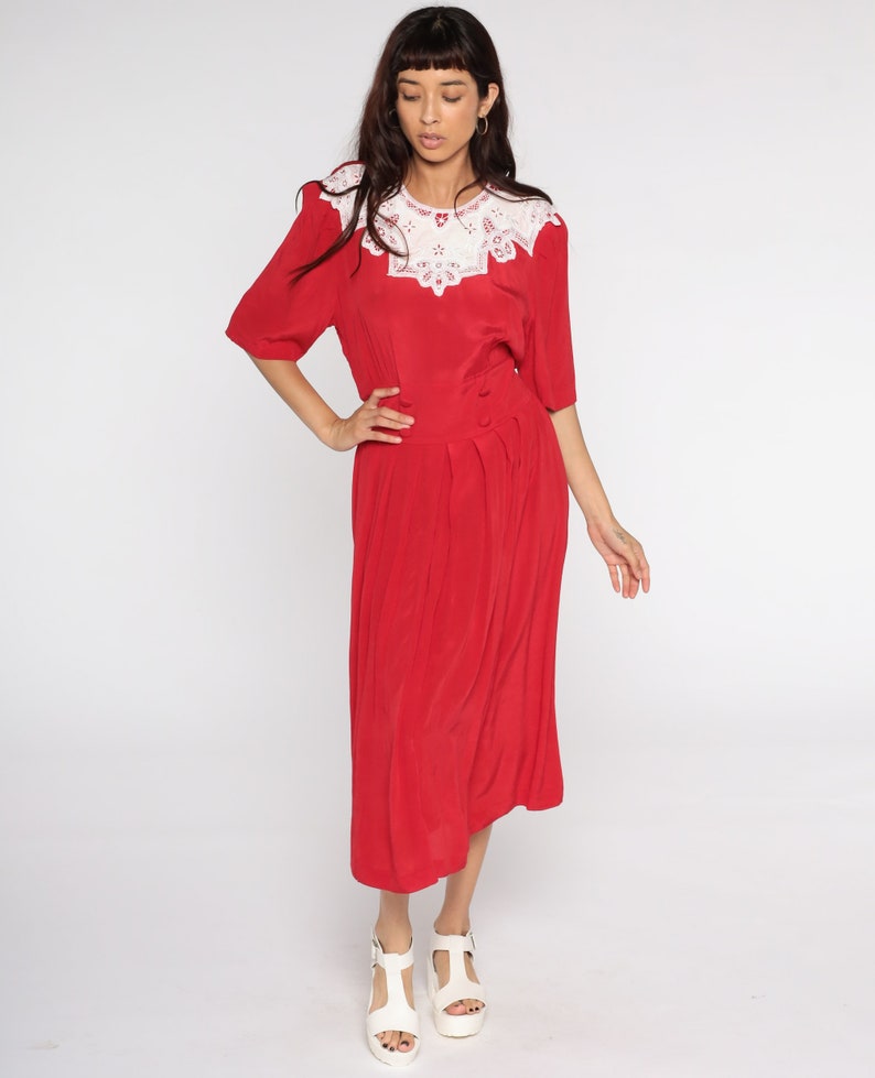 Red Pleated Dress 80s Midi Dress Lace Collar Dress Boho Embroidered Dress High Waist Secretary Short Sleeve Dress Vintage Medium Large image 4