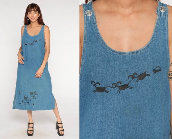 90s Denim Dress Petroglyph Jean Jumper Midi Pictograph Print Dress Grunge Vintage Overall Dress Blue Pinafore Sleeveless 1990s Large L