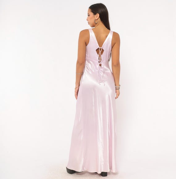 90s Lilac Lace Up Back Gown Sleeveless Dress Lavender Purple Slip Style Sweetheart Neckline A Line Violet  Coquette Prom Vintage Medium M