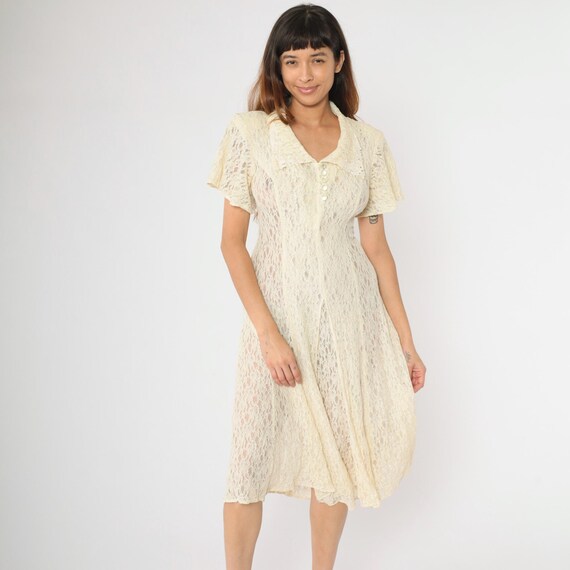 Vintage Sheer Lace Dress 90s Cream Midi Dress Grunge Boho Hippie Short Sleeve Button Up Festival Romantic 1990s See Through Women's Small S
