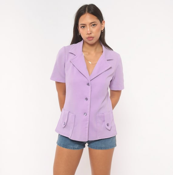 70s Lilac Short Sleeve Blazer Button Front Jacket Lavender Top Violet Patch Pocket Blouse Fitted Waist Purple Summer Shirt Vintage Medium M