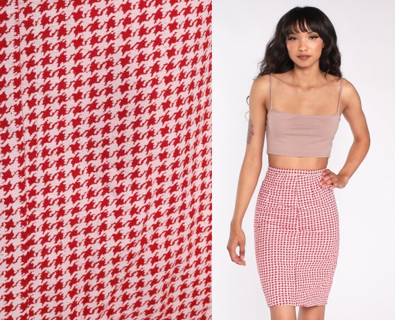 Red Houndstooth Skirt 60s Pencil Skirt Mod Mini Skirt Checkered High Waisted Wiggle Fitted Secretary Vintage 1960s White Extra Small xs