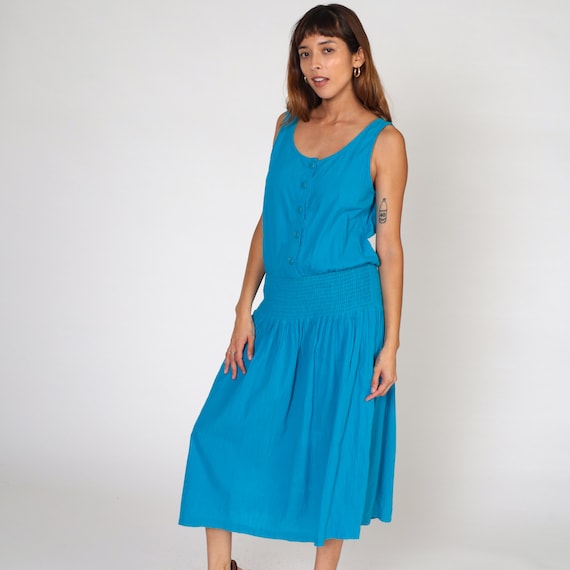 Blue Sundress 80s Midi Dress Sleeveless Button up Day Dress Retro Smocked Elastic Waist Simple Summer Pleated Sun Vintage 1980s Medium M