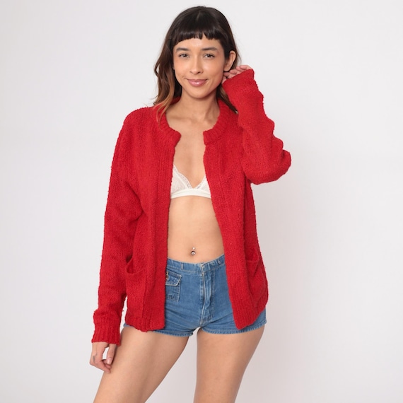 70s Red Cardigan Chunky Knit Cherry Bright Textured Loop Vintage Cropped Long Sleeve Grandma Sweater Cozy Warm Spring Valentines Day Medium