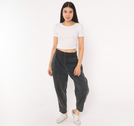 90s Smocked Waist Trouser Grey Button Fly Pants Charcoal Cotton Balloon Leg Tapered Ankle Relaxed Fit High Rise Casual Vintage Medium M