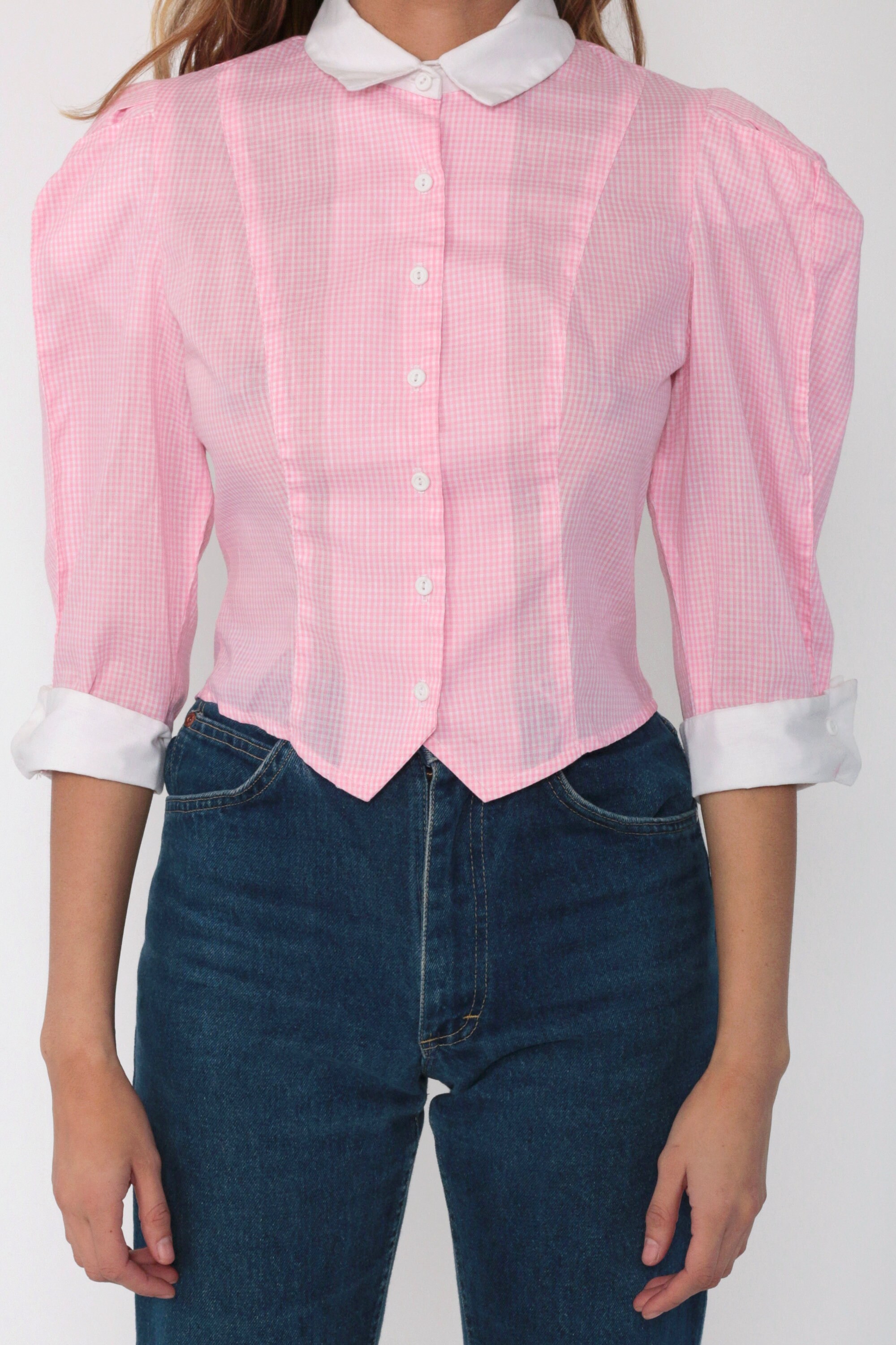 Pink Gingham Shirt PUFF Sleeve Blouse 70s Plaid Checkered Shirt Leg O Mutton Sleeve Button Up 