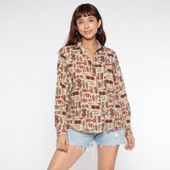 Tribal Geometric Shirt Button Up 90s Vintage Abstract Pattern Long Sleeve Rust Red Brown Navy Olive Earthy Tones Western Casual Small S