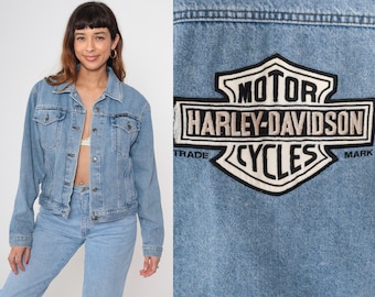 Harley Davidson Denim Jacket 90s Jean Jacket Light Wash Distressed Biker Trucker Blue Grunge Rocker 1990s Punk Vintage Mens Medium M
